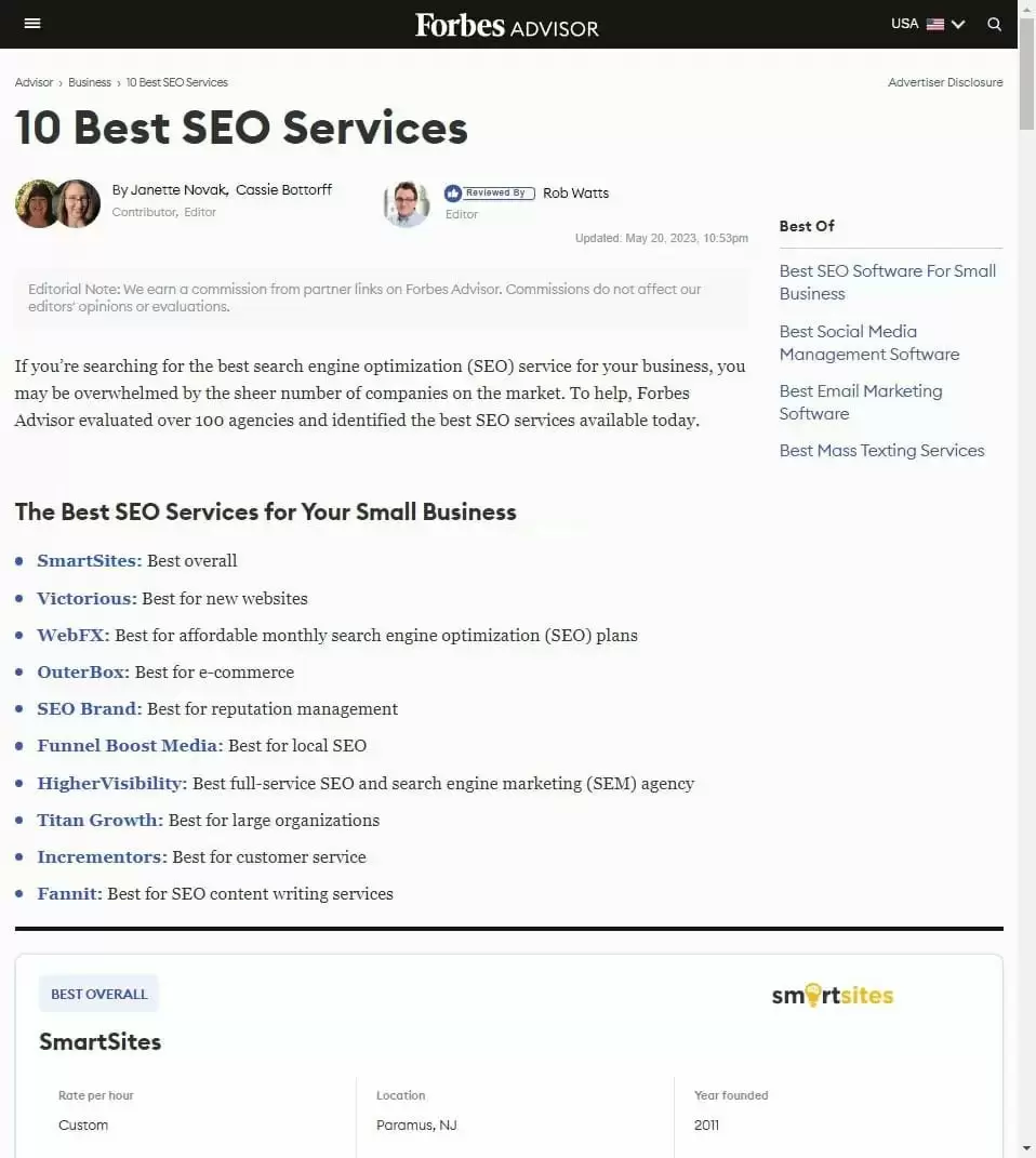 Best SEO Services for Small Business by Forbes