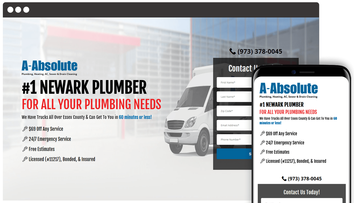 A-Absolute Plumbing web design landing page showcase